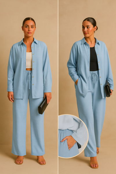 LM131 Women’s Solid Button Front Shirt& Tie Front Wide Leg Pants With Pocket Tow-piece Set