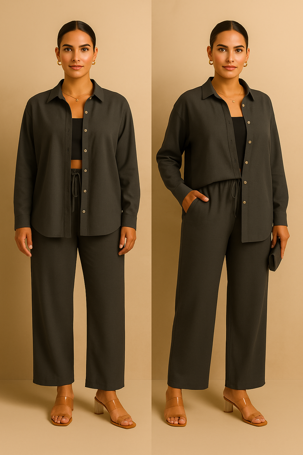 LM131 Women’s Solid Button Front Shirt& Tie Front Wide Leg Pants With Pocket Tow-piece Set