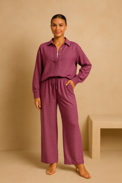 LM131 Women’s Solid Button Front Shirt& Tie Front Wide Leg Pants With Pocket Tow-piece Set