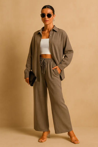 LM131 Women’s Solid Button Front Shirt& Tie Front Wide Leg Pants With Pocket Tow-piece Set