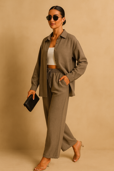 LM131 Women’s Solid Button Front Shirt& Tie Front Wide Leg Pants With Pocket Tow-piece Set