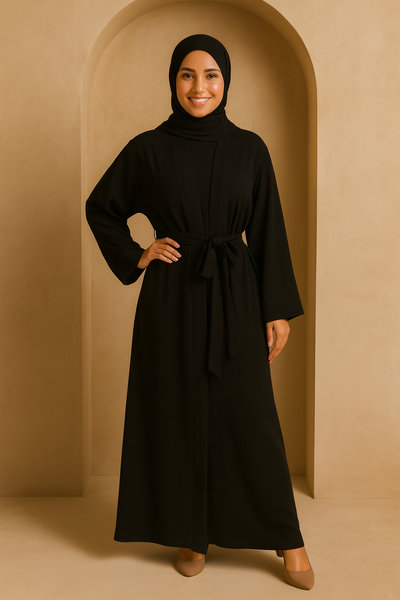 LM048 Crepe Jazz Abaya Set 4-Piece Hijab, Slip, Belt | Lightweight Modest Summer Outfit