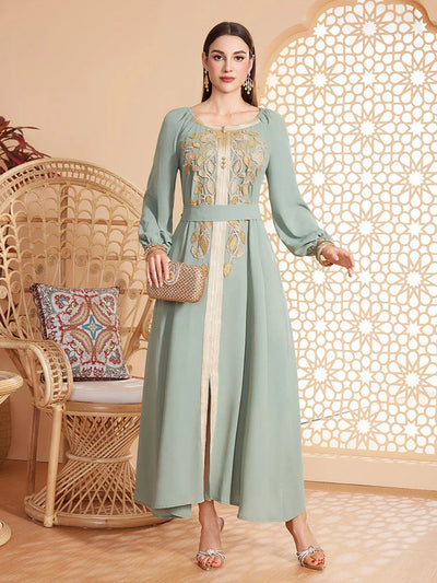 LM182 Elegant Appliqué Abaya Dress | Modest Party & Evening Kaftan - LM182-Light green-S LumosModesty