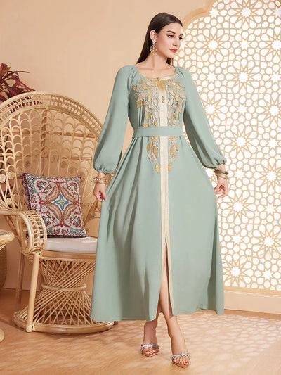 LM182 Elegant Appliqué Abaya Dress | Modest Party & Evening Kaftan - LM182-Light green-S LumosModesty