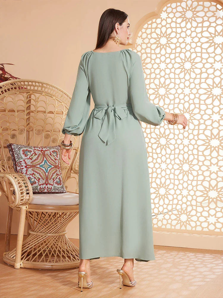 LM182 Elegant Appliqué Abaya Dress | Modest Party & Evening Kaftan - LM182-Light green-S LumosModesty