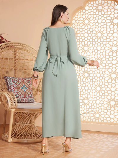 LM182 Elegant Appliqué Abaya Dress | Modest Party & Evening Kaftan - LM182-Light green-S LumosModesty