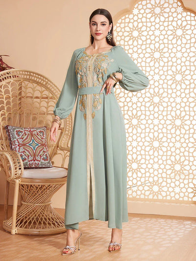 LM182 Elegant Appliqué Abaya Dress | Modest Party & Evening Kaftan - LM182-Light green-S LumosModesty