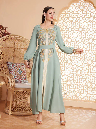 LM182 Elegant Appliqué Abaya Dress | Modest Party & Evening Kaftan - LM182-Light green-S LumosModesty