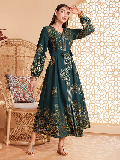 LM180 Elegant Lantern Sleeve Abaya Dress | Modest Maxi Kaftan for Eid & Evening Wear - DS057-EMERALD GREEN-S LumosModesty