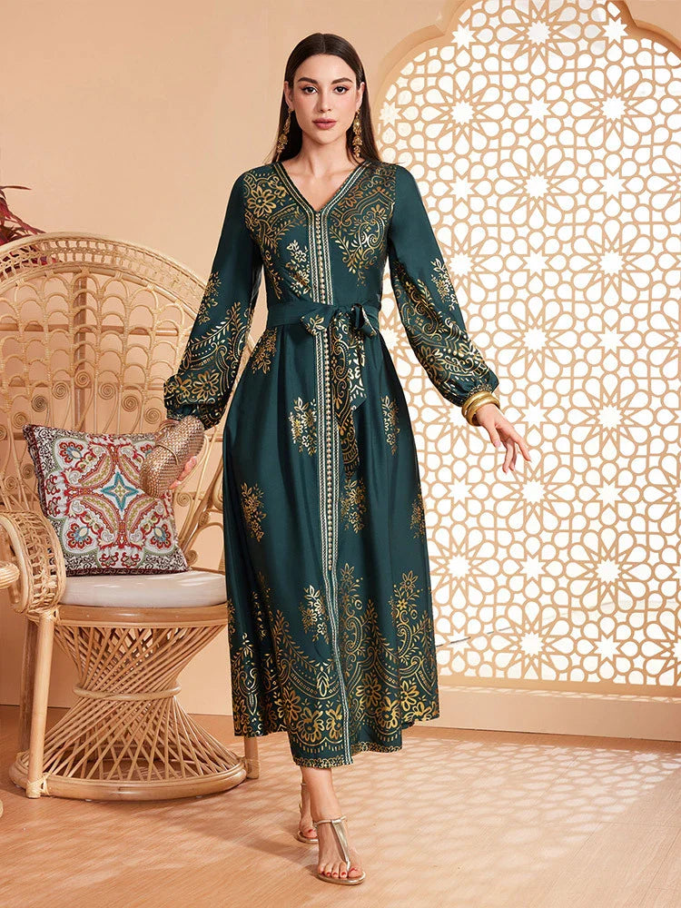 LM180 Elegant Lantern Sleeve Abaya Dress | Modest Maxi Kaftan for Eid & Evening Wear - DS057-EMERALD GREEN-S LumosModesty