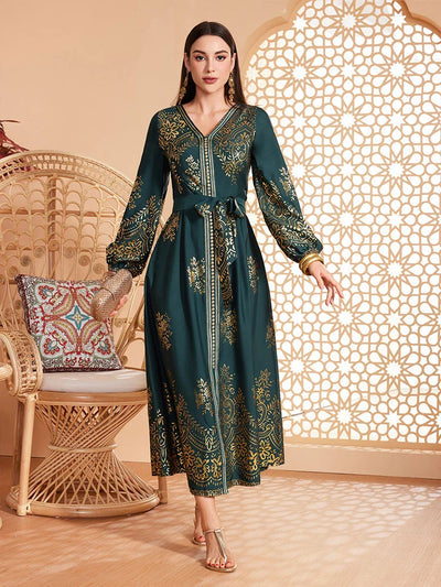 LM180 Elegant Lantern Sleeve Abaya Dress | Modest Maxi Kaftan for Eid & Evening Wear - DS057-EMERALD GREEN-S LumosModesty