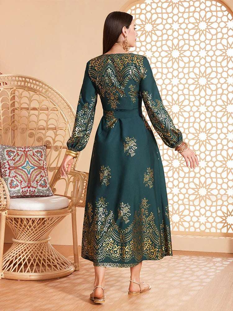 LM180 Elegant Lantern Sleeve Abaya Dress | Modest Maxi Kaftan for Eid & Evening Wear - DS057-EMERALD GREEN-S LumosModesty