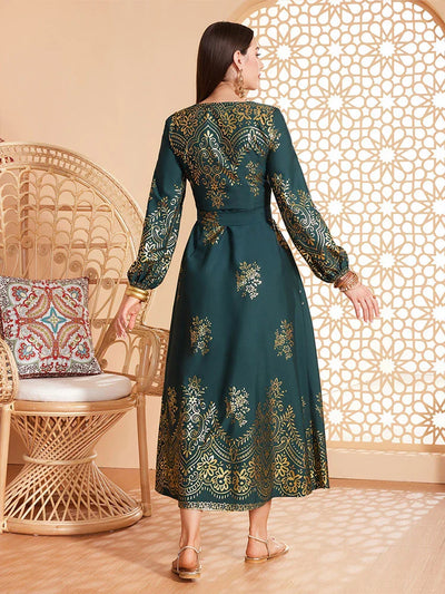 LM180 Elegant Lantern Sleeve Abaya Dress | Modest Maxi Kaftan for Eid & Evening Wear - DS057-EMERALD GREEN-S LumosModesty