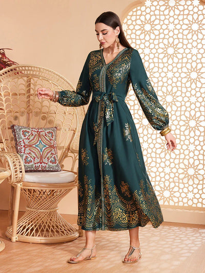 LM180 Elegant Lantern Sleeve Abaya Dress | Modest Maxi Kaftan for Eid & Evening Wear - DS057-EMERALD GREEN-S LumosModesty