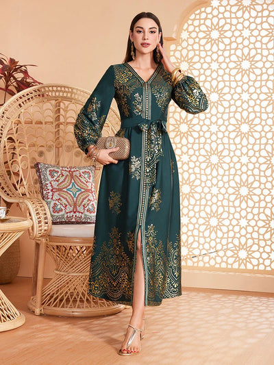 LM180 Elegant Lantern Sleeve Abaya Dress | Modest Maxi Kaftan for Eid & Evening Wear - DS057-EMERALD GREEN-S LumosModesty