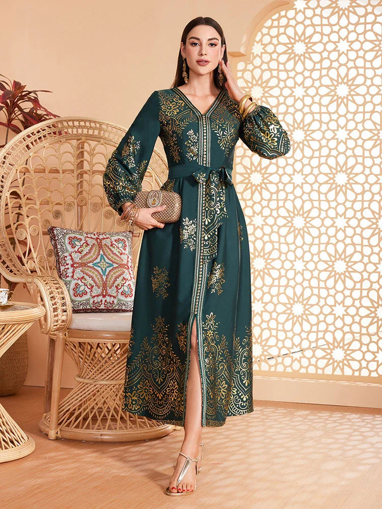 LM180 Elegant Lantern Sleeve Abaya Dress | Modest Maxi Kaftan for Eid & Evening Wear - DS057-EMERALD GREEN-S LumosModesty