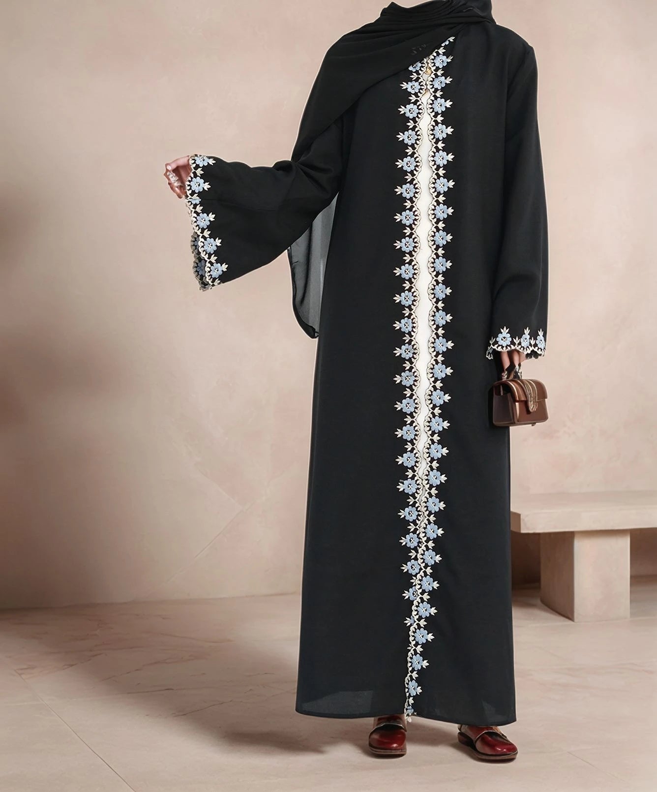 LM081 Eid 2025 Summer Embroidered Edge Abaya Cardigan Dress with Matching Hijab