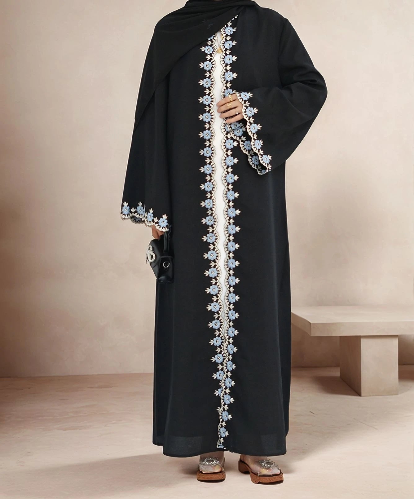 LM081 Eid 2025 Summer Embroidered Edge Abaya Cardigan Dress with Matching Hijab
