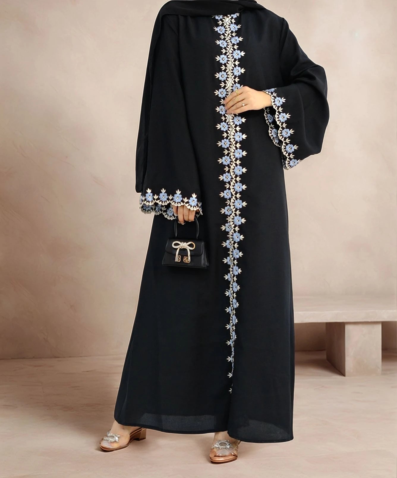 LM081 Eid 2025 Summer Embroidered Edge Abaya Cardigan Dress with Matching Hijab