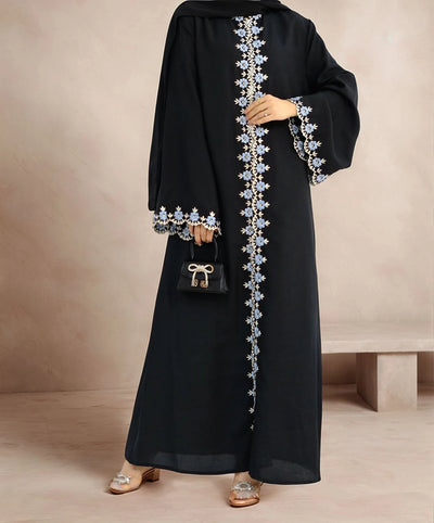 LM081 Eid 2025 Summer Embroidered Edge Abaya Cardigan Dress with Matching Hijab