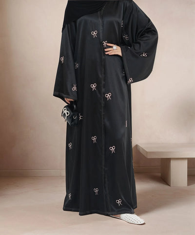 LM068 Eid Luxe Satin Abaya Cardigan with Embroidered Bows & Bell Sleeves