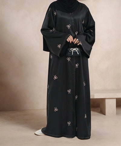 LM068 Eid Luxe Satin Abaya Cardigan with Embroidered Bows & Bell Sleeves