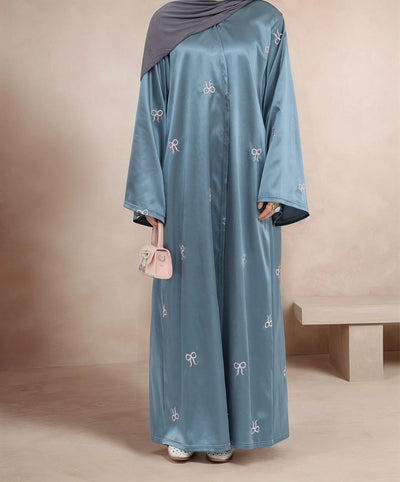 LM068 Eid Luxe Satin Abaya Cardigan with Embroidered Bows & Bell Sleeves