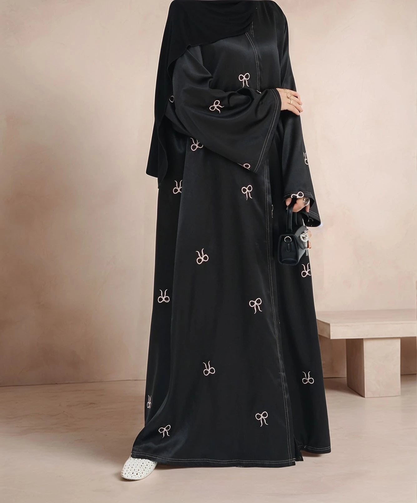 LM068 Eid Luxe Satin Abaya Cardigan with Embroidered Bows & Bell Sleeves