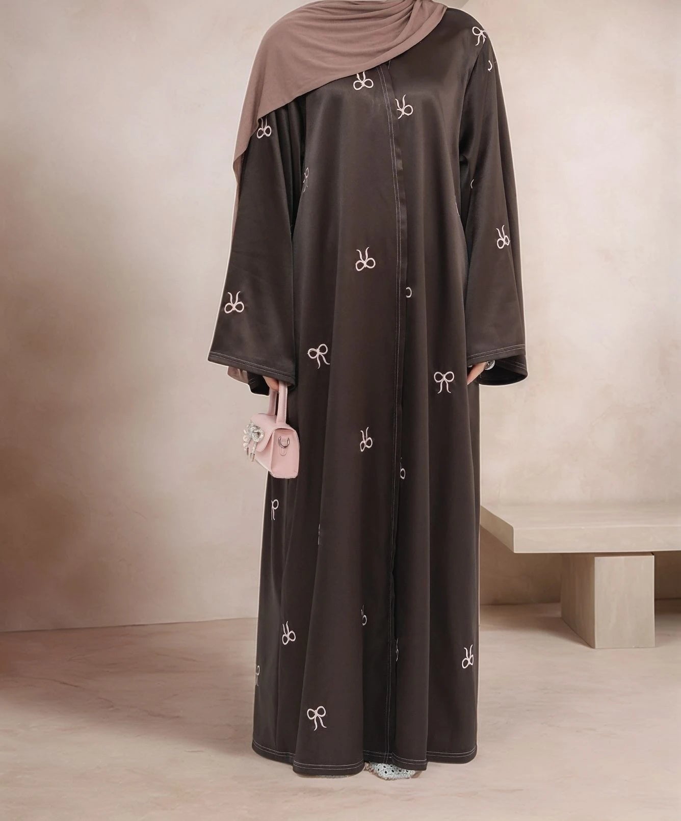 LM068 Eid Luxe Satin Abaya Cardigan with Embroidered Bows & Bell Sleeves