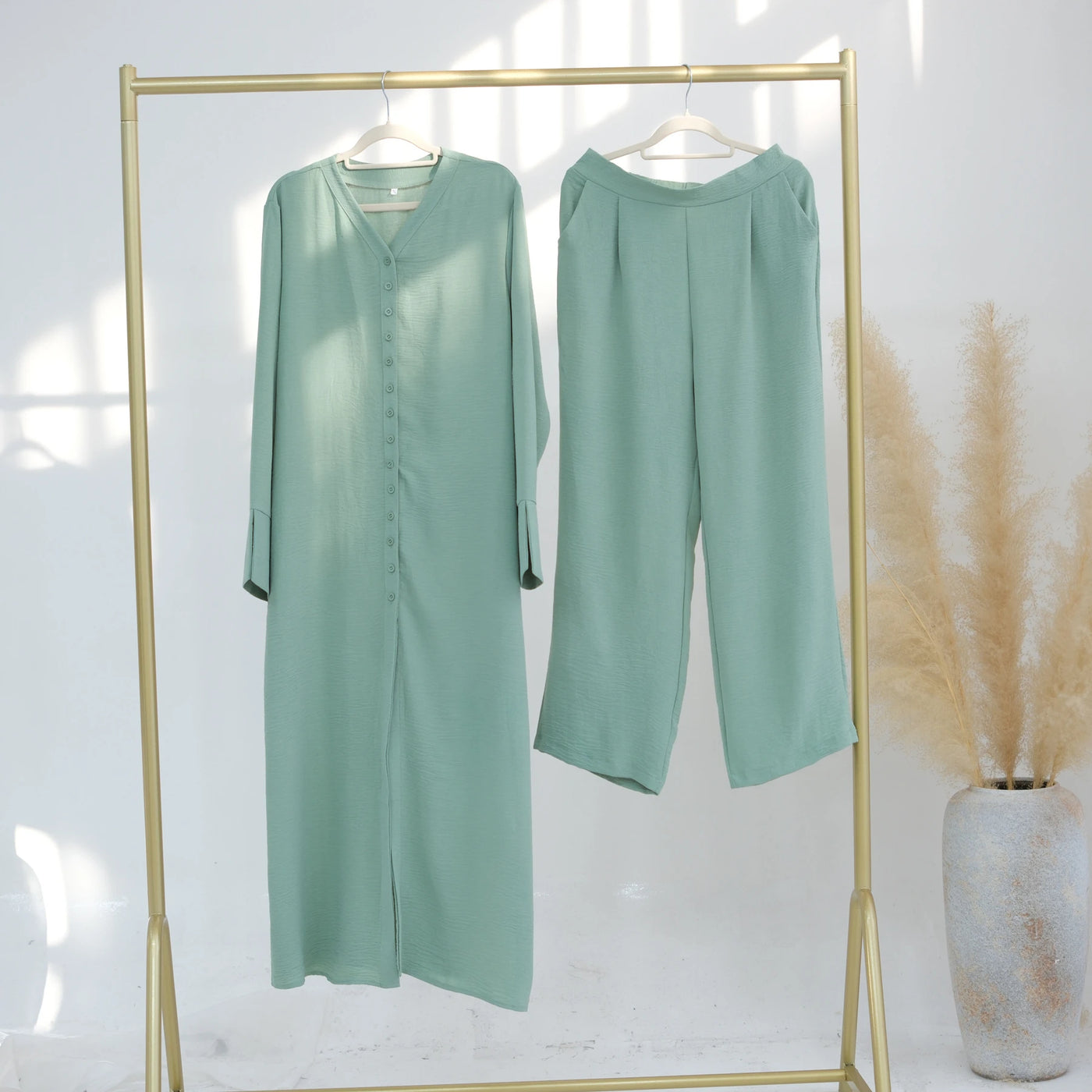 LM099 Buttoned Co-ord Set - Ironless Crepe Abaya & Jazz Pants Two-Piece | Dubai Summer Robes for Ramadan & Eid 2025
