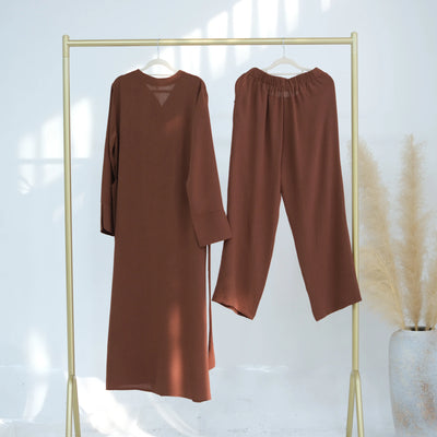 LM099 Buttoned Co-ord Set - Ironless Crepe Abaya & Jazz Pants Two-Piece | Dubai Summer Robes for Ramadan & Eid 2025