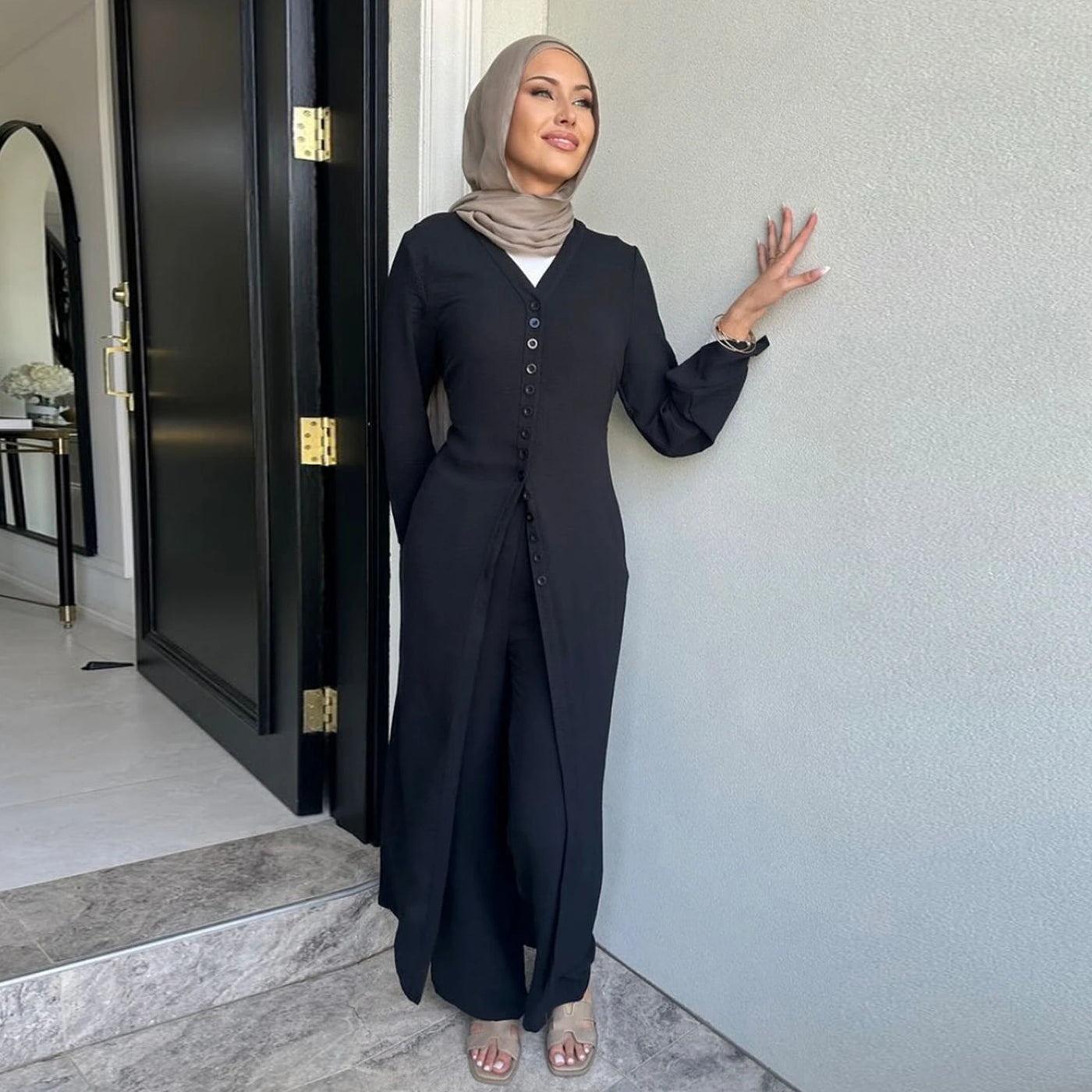 LM099 Buttoned Co-ord Set - Ironless Crepe Abaya & Jazz Pants Two-Piece | Dubai Summer Robes for Ramadan & Eid 2025