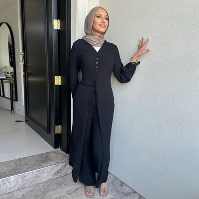 LM099 Buttoned Co-ord Set - Ironless Crepe Abaya & Jazz Pants Two-Piece | Dubai Summer Robes for Ramadan & Eid 2025
