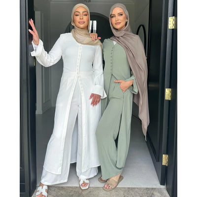 LM099 Buttoned Co-ord Set - Ironless Crepe Abaya & Jazz Pants Two-Piece | Dubai Summer Robes for Ramadan & Eid 2025