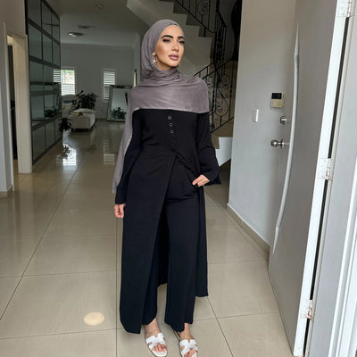 LM099 Buttoned Co-ord Set - Ironless Crepe Abaya & Jazz Pants Two-Piece | Dubai Summer Robes for Ramadan & Eid 2025
