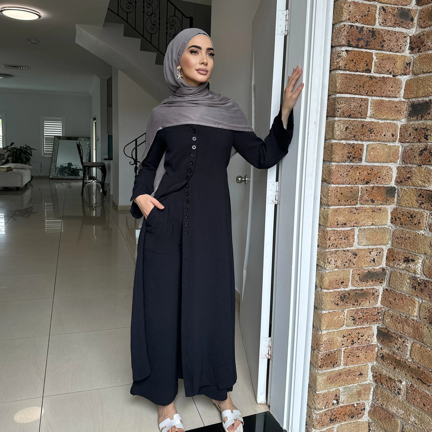 LM099 Buttoned Co-ord Set - Ironless Crepe Abaya & Jazz Pants Two-Piece | Dubai Summer Robes for Ramadan & Eid 2025
