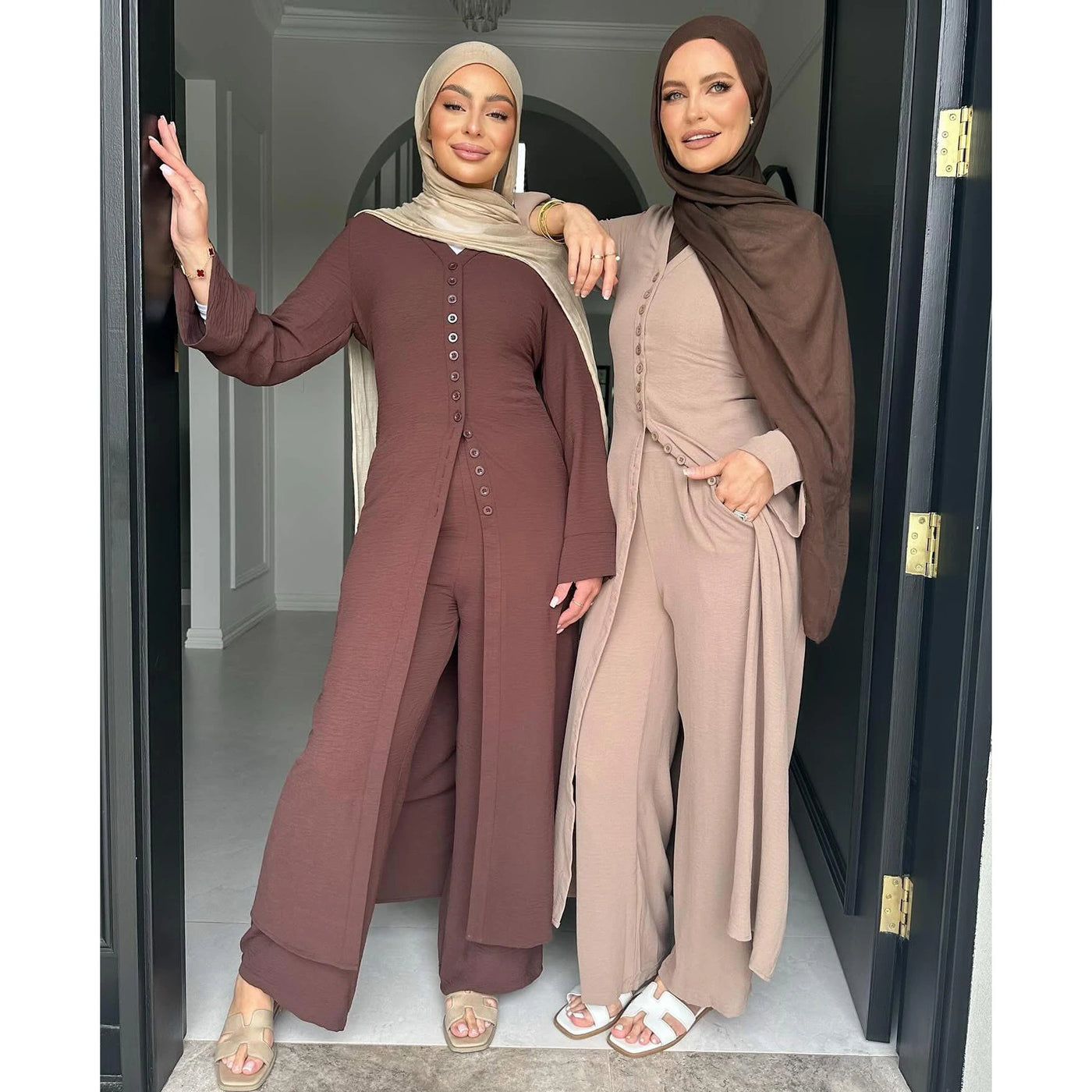 LM099 Buttoned Co-ord Set - Ironless Crepe Abaya & Jazz Pants Two-Piece | Dubai Summer Robes for Ramadan & Eid 2025