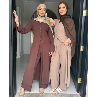 LM099 Buttoned Co-ord Set - Ironless Crepe Abaya & Jazz Pants Two-Piece | Dubai Summer Robes for Ramadan & Eid 2025