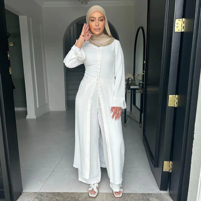 LM099 Buttoned Co-ord Set - Ironless Crepe Abaya & Jazz Pants Two-Piece | Dubai Summer Robes for Ramadan & Eid 2025