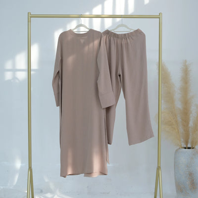 LM099 Buttoned Co-ord Set - Ironless Crepe Abaya & Jazz Pants Two-Piece | Dubai Summer Robes for Ramadan & Eid 2025