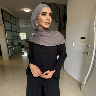 LM099 Buttoned Co-ord Set - Ironless Crepe Abaya & Jazz Pants Two-Piece | Dubai Summer Robes for Ramadan & Eid 2025