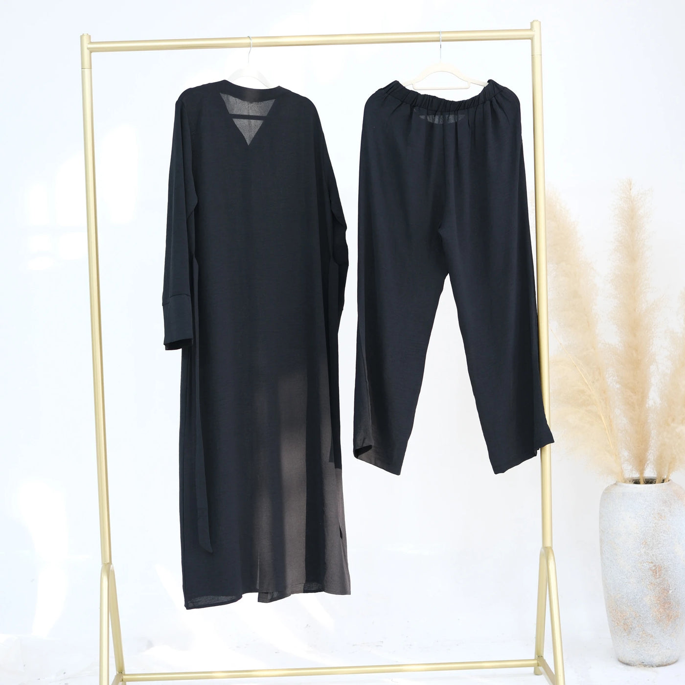 LM099 Buttoned Co-ord Set - Ironless Crepe Abaya & Jazz Pants Two-Piece | Dubai Summer Robes for Ramadan & Eid 2025