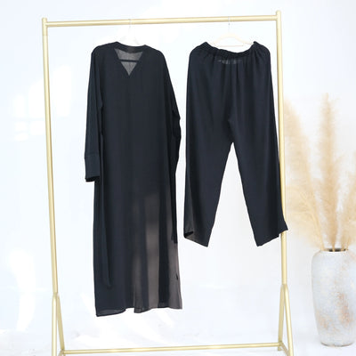 LM099 Buttoned Co-ord Set - Ironless Crepe Abaya & Jazz Pants Two-Piece | Dubai Summer Robes for Ramadan & Eid 2025