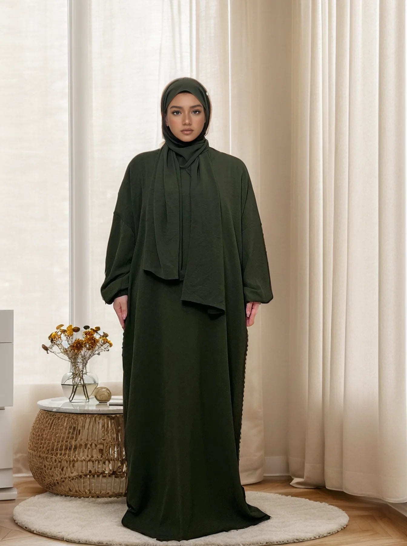 LM013 One-Piece Crepe Hooded Abaya with Hijab | Modest Islamic Prayer Dress