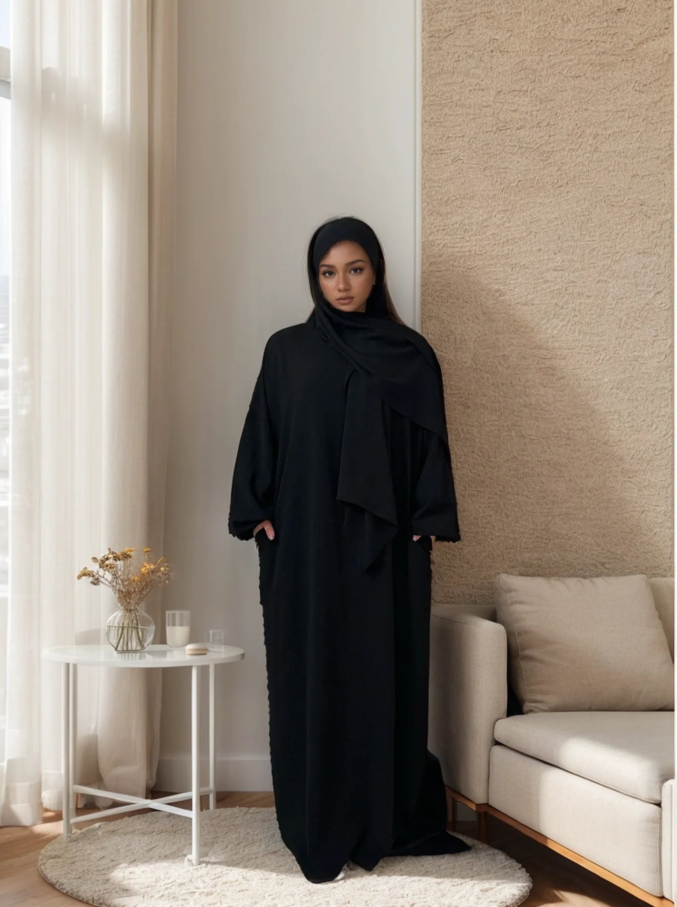 LM013 One-Piece Crepe Hooded Abaya with Hijab | Modest Islamic Prayer Dress