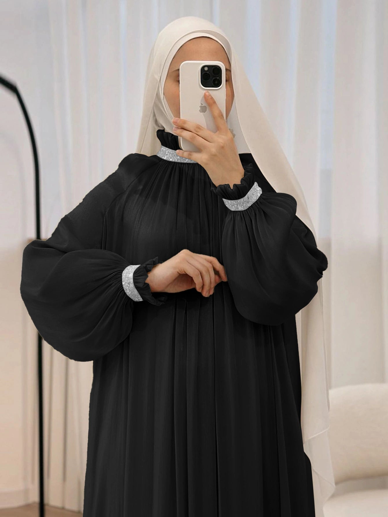 LM024 Elegant Shimmering Sequin Abaya Maxi Dress with Belt | Modest Evening Wear for Muslim Women