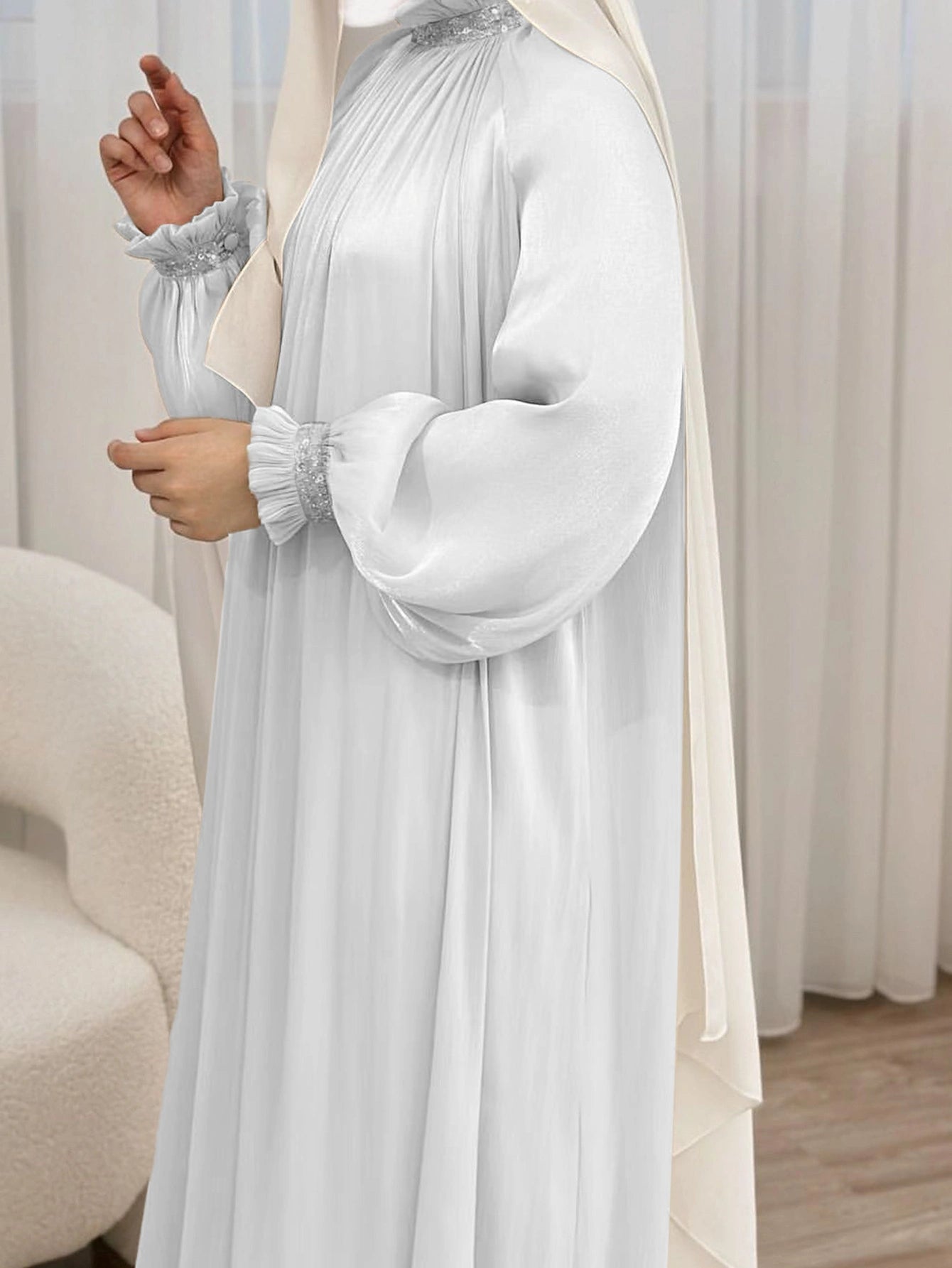 LM024 Elegant Shimmering Sequin Abaya Maxi Dress with Belt | Modest Evening Wear for Muslim Women