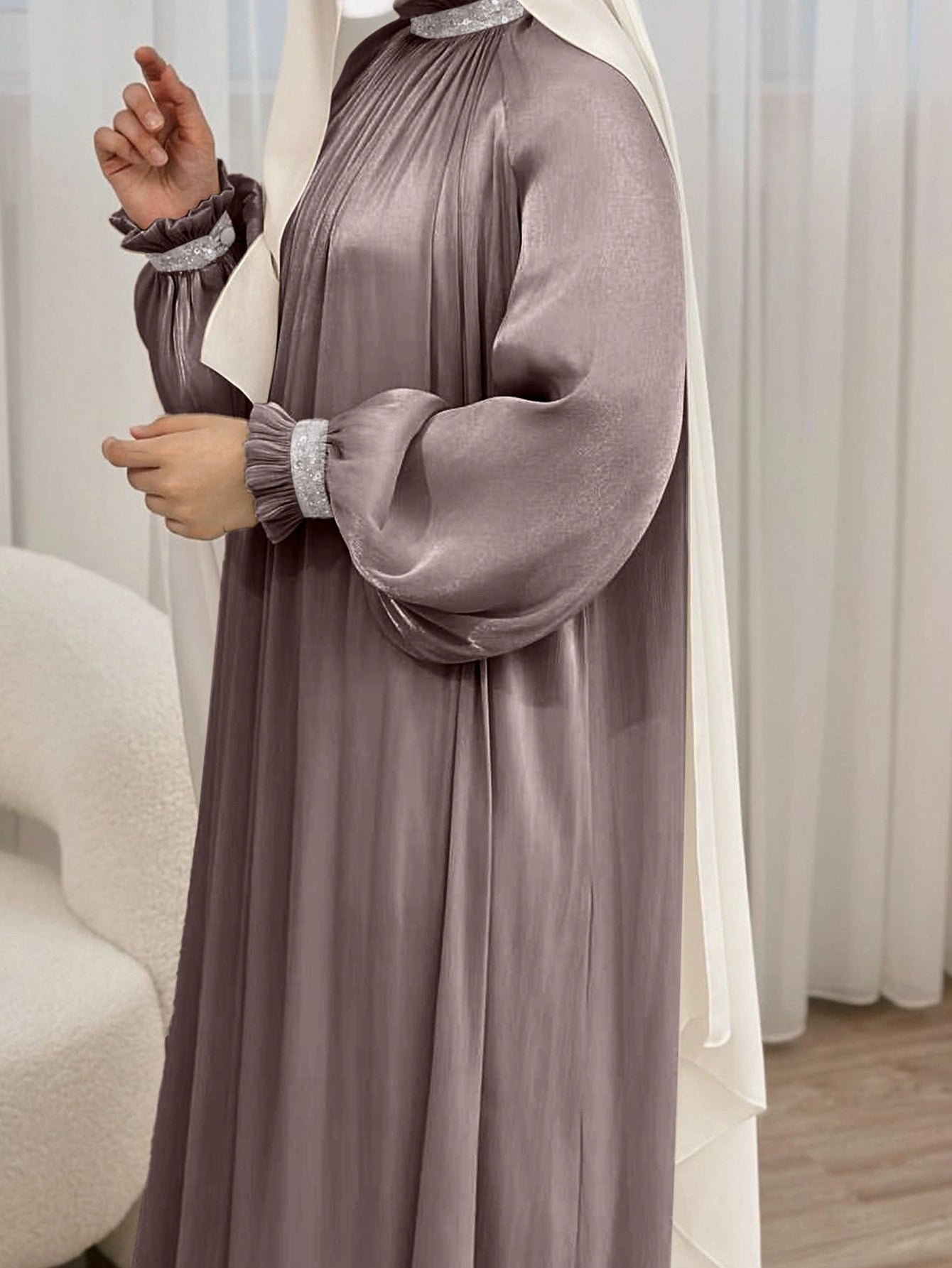 LM024 Elegant Shimmering Sequin Abaya Maxi Dress with Belt | Modest Evening Wear for Muslim Women