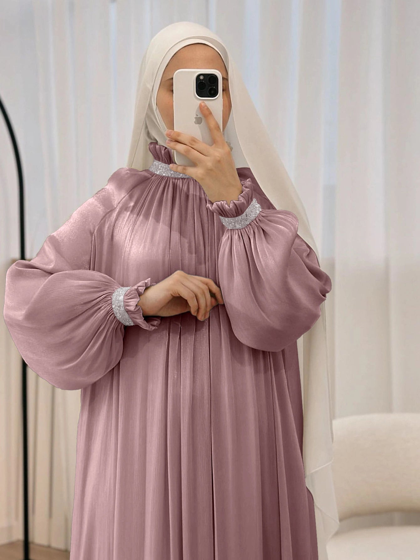 LM024 Elegant Shimmering Sequin Abaya Maxi Dress with Belt | Modest Evening Wear for Muslim Women