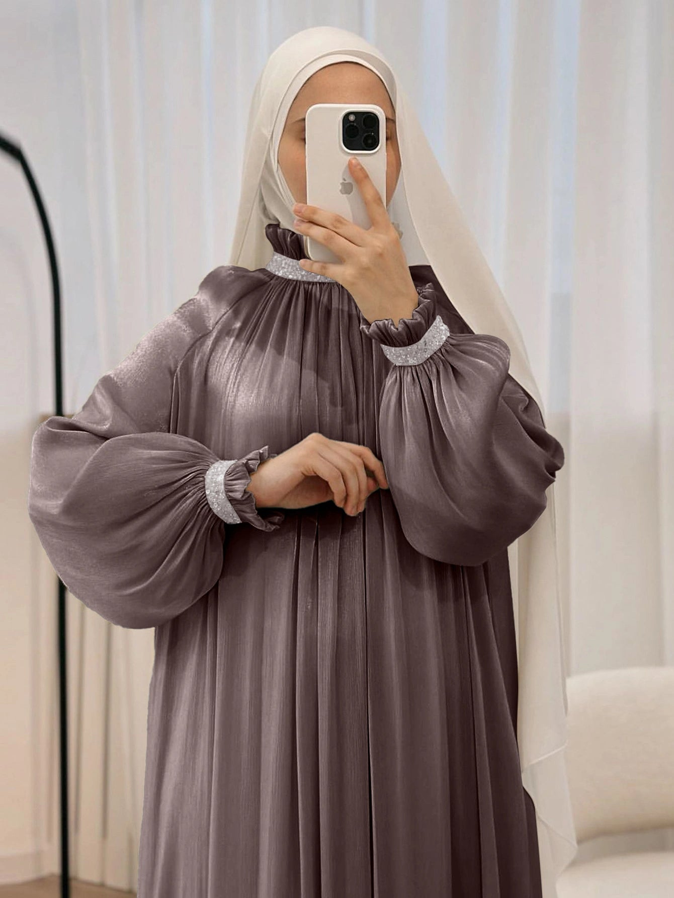 LM024 Elegant Shimmering Sequin Abaya Maxi Dress with Belt | Modest Evening Wear for Muslim Women